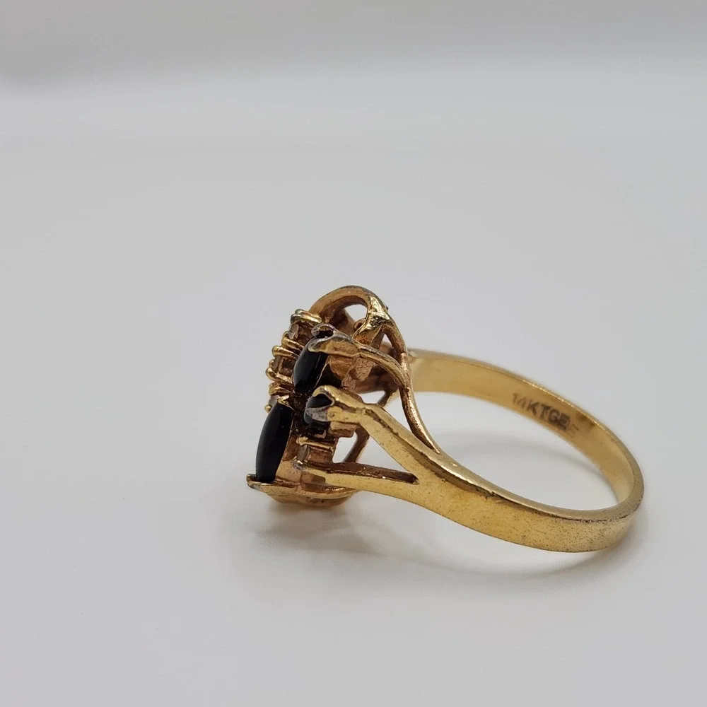 Vintage 14k TGE Black Marquise Floral Cluster Statement Ring Size 7.25 Gold Tone